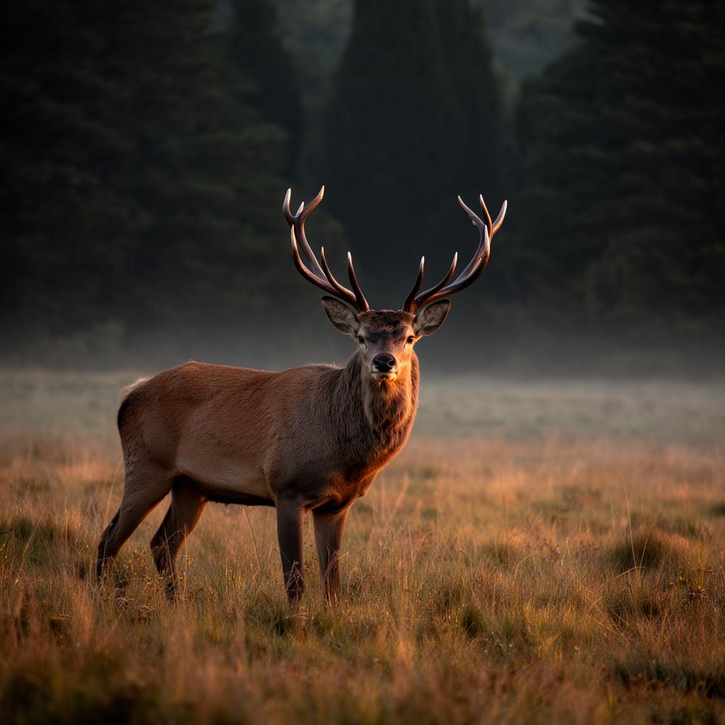 Red deer stag in a misty New Zealand high-country meadow